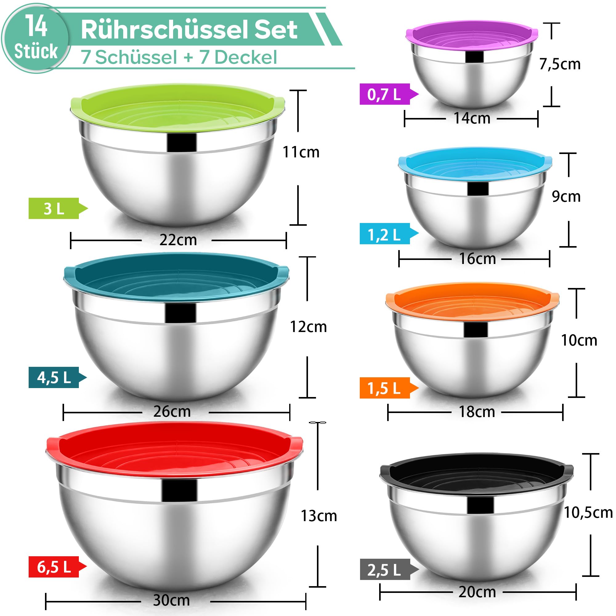HaWare Juego de 7 cuencos para mezclar, de acero inoxidable, apilables, con tapa hermética para hornear, cocinar, preparar, apto para lavavajillas, 6,5, 4,5, 3, 2,5, 1,5, 1,2 y 0,7 l, multicolor