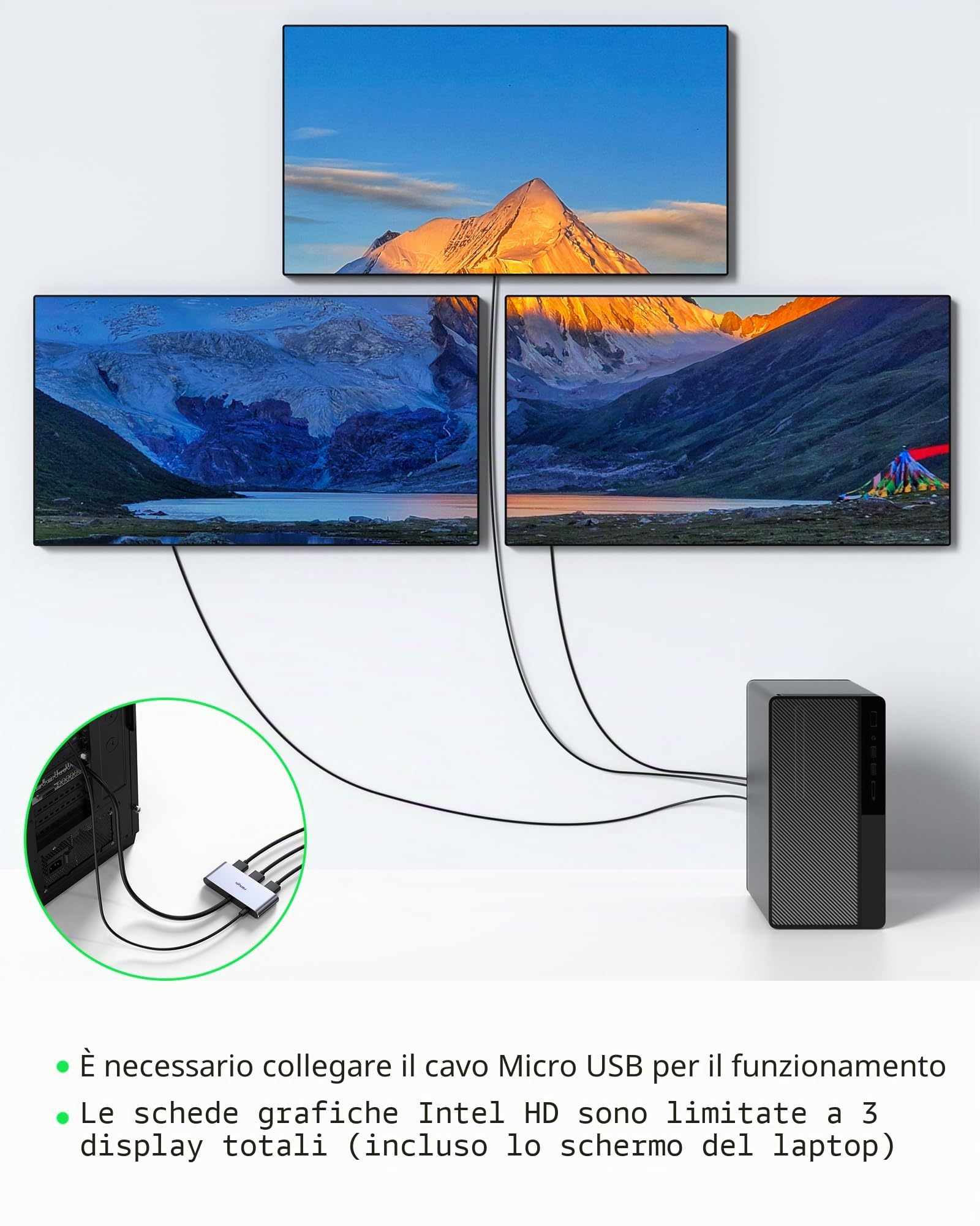 Splitter DisplayPort 1.4 a 3 porte - DisplayPort MST Hub Monitor Splitter | Supporta single 8K, Dual 4K 120Hz, 60Hz e 1080p 60Hz - Solo Windows