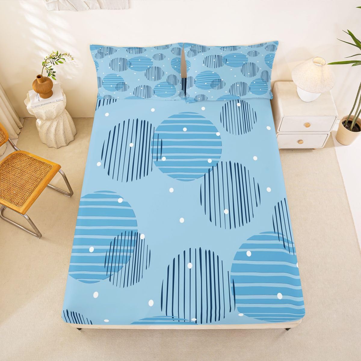 Erosebridal Geometric Fitted Sheet Full Circle Bed Sheets for Kids Teens Baby Blue Bedding Set Bohemian Abstract Sheets with Pocket