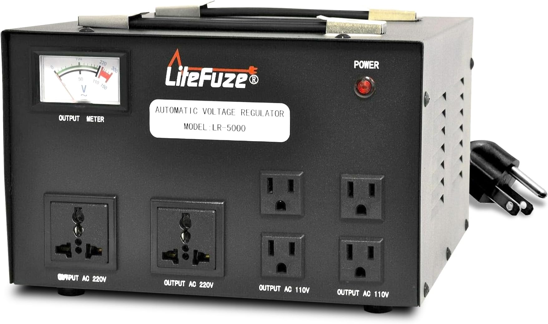 LiteFuze 5000 Watt Voltage Converter Transformer Heavy Duty Regulator Meter - Step Up/Down - 110/120/220/240 Volt - Fully Grounded Cord-Universal Output Sockets (LR-5000N)