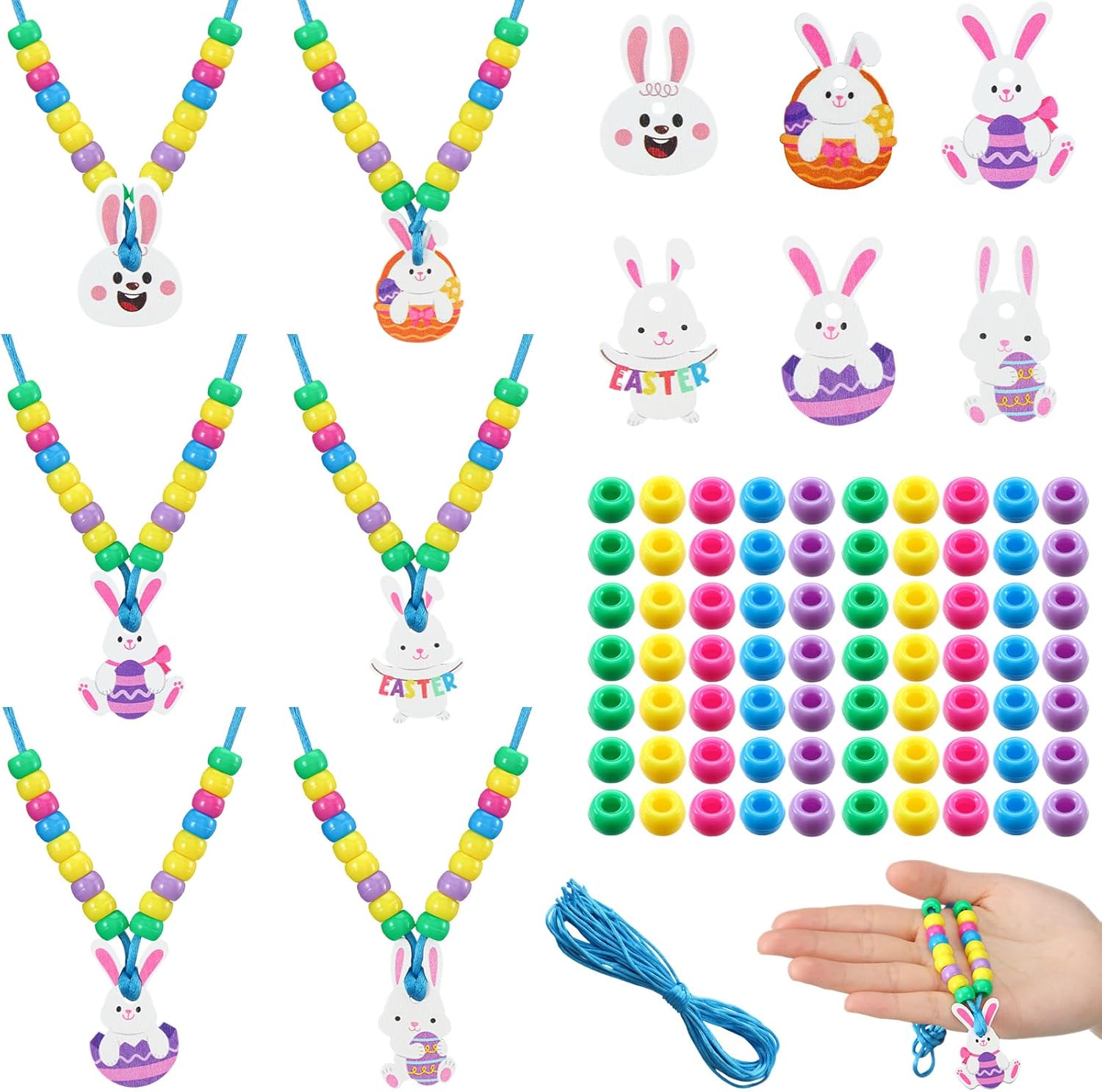 Ecally 24 Sets Easter Crafts Bunny Beaded Necklaces Crafts Kit DIY Make Your Own Rabbit Necklaces for Easter Art Activity Project Party Favors Supplies Spring Decoration