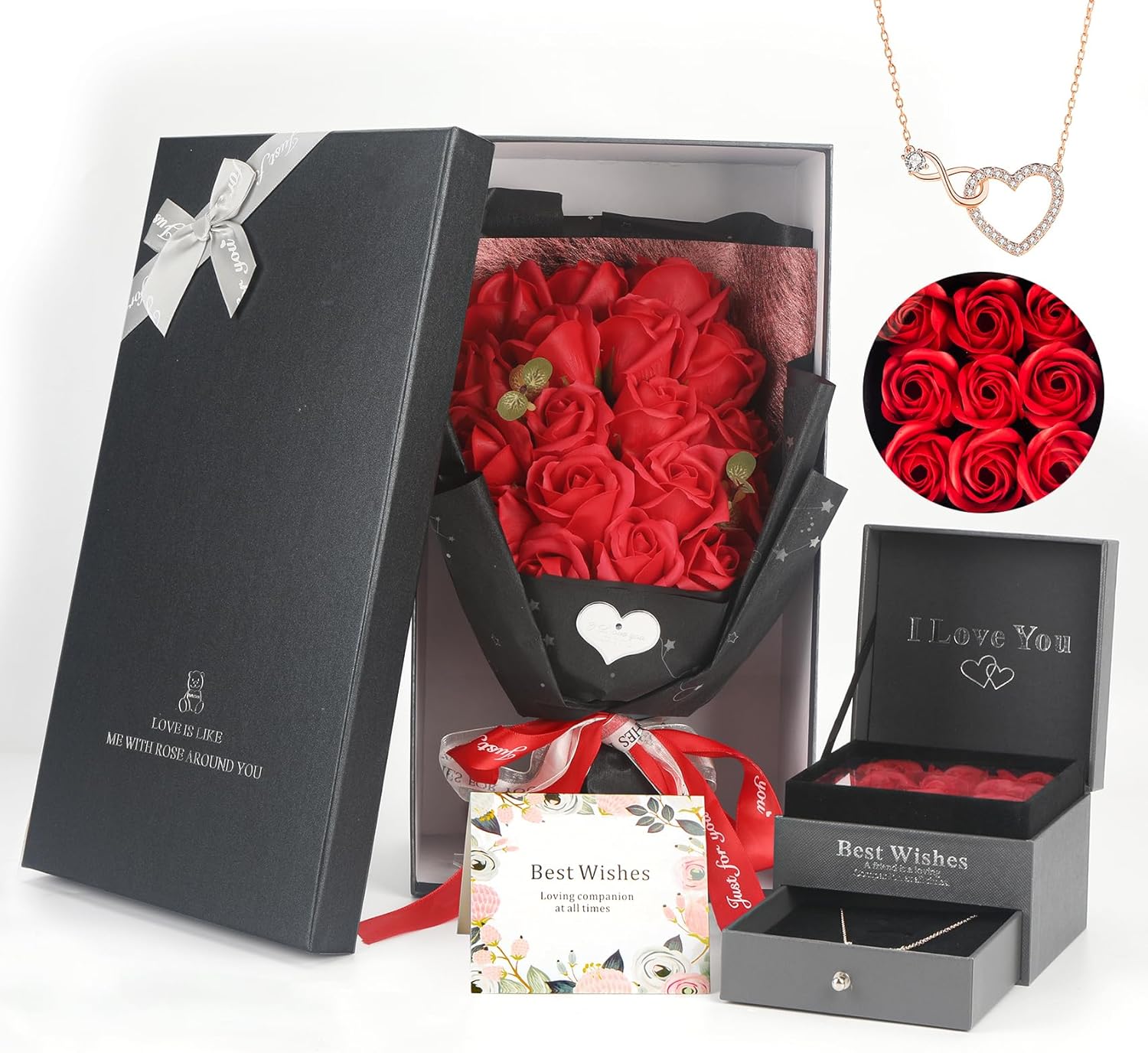 Rose Bouquet Rosas Eternas Preserved Rose Bouquet 18 Flower Bouquet with Beautiful Love Necklace, Unique Gift for Birthday, Valentine's Day, Mother's Day, Thanksgiving, Christmas, Anniversary(Red)