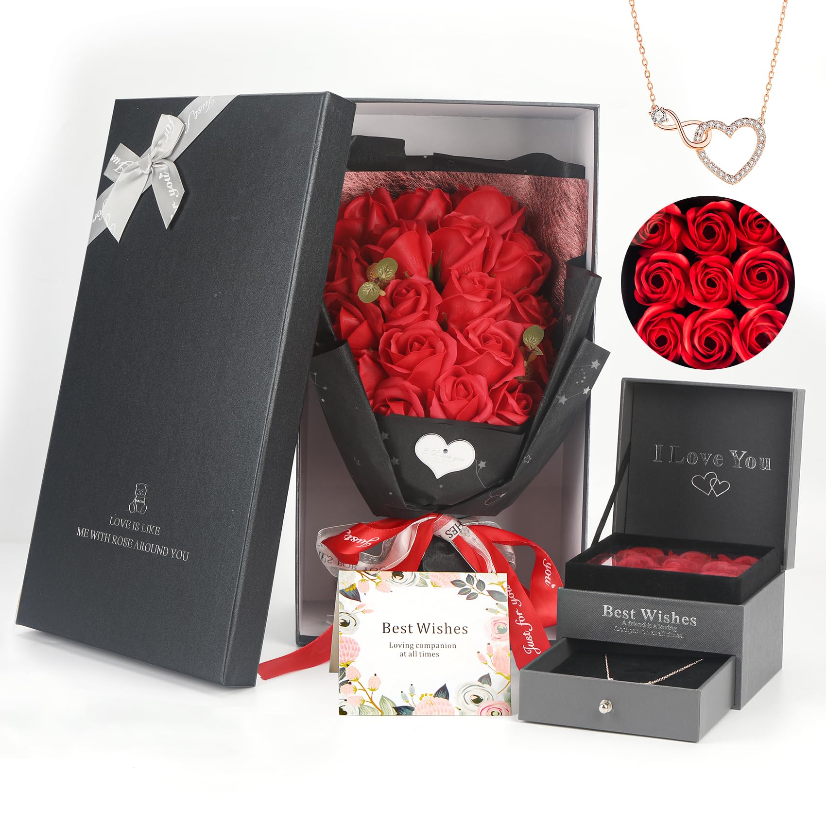 Rose Bouquet Rosas Eternas Preserved Rose Bouquet 18 Flower Bouquet with Beautiful Love Necklace, Unique Gift for Birthday, Valentine's Day, Mother's