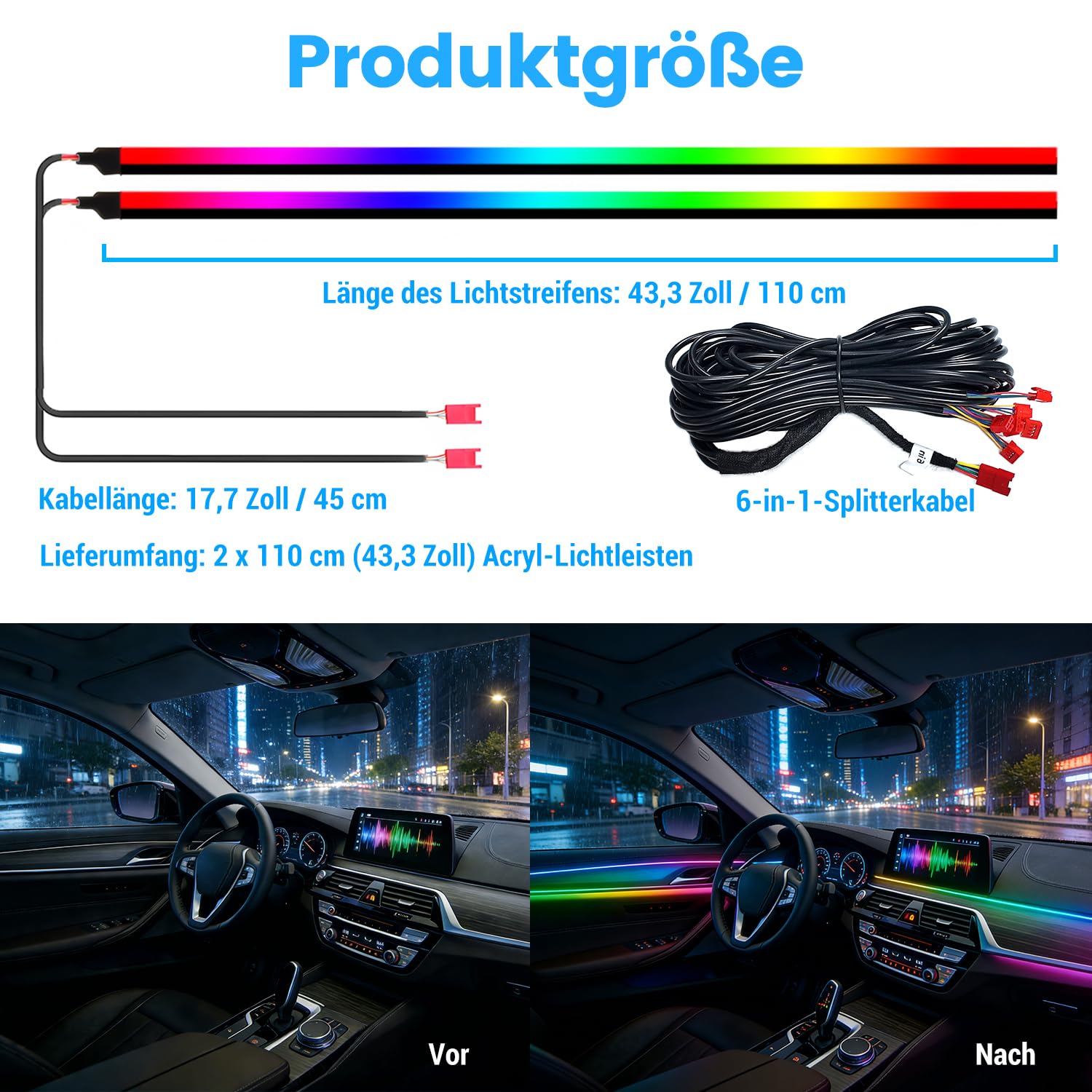 HMYC Luci per interni in acrilico a colori sognante per auto, 2 pezzi 110cm/43,3 pollici 128 striscia LED colorata per auto RGB in fibra ottica arcobaleno, luci neon per atmosfera dinamica universale