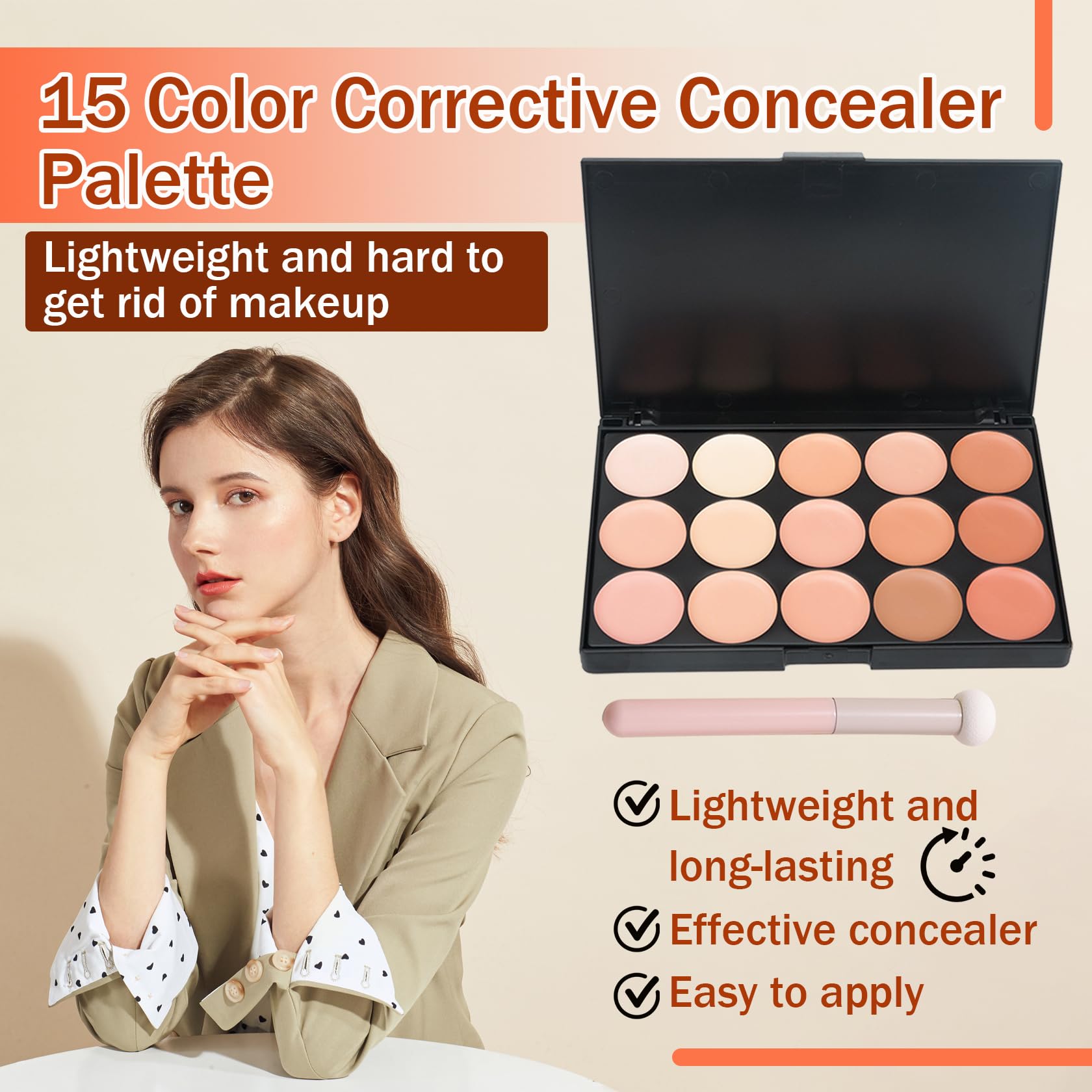 Paleta de corrector de 15 colores con pincel, paletas de corrector de colores de larga duración, crema hidratante de contorno de maquillaje 2