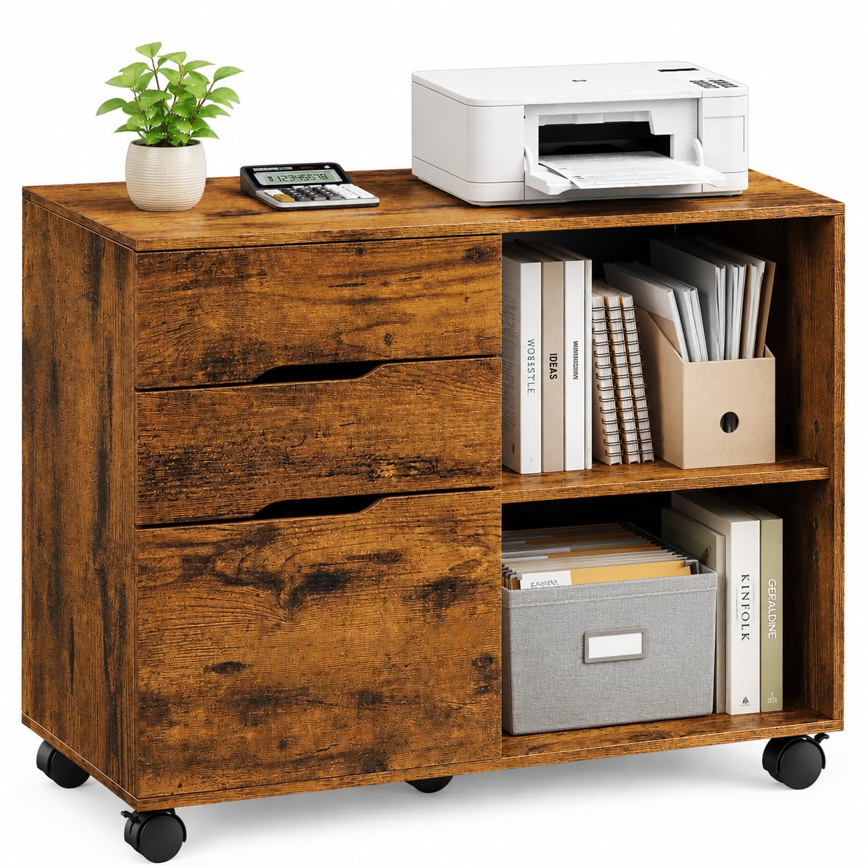 Simple Deluxe 3 Drawer Rolling File Cabinet, Wood Printer Stand with Adjustable Shelf for Home Office Study Organizatiom, Brown
