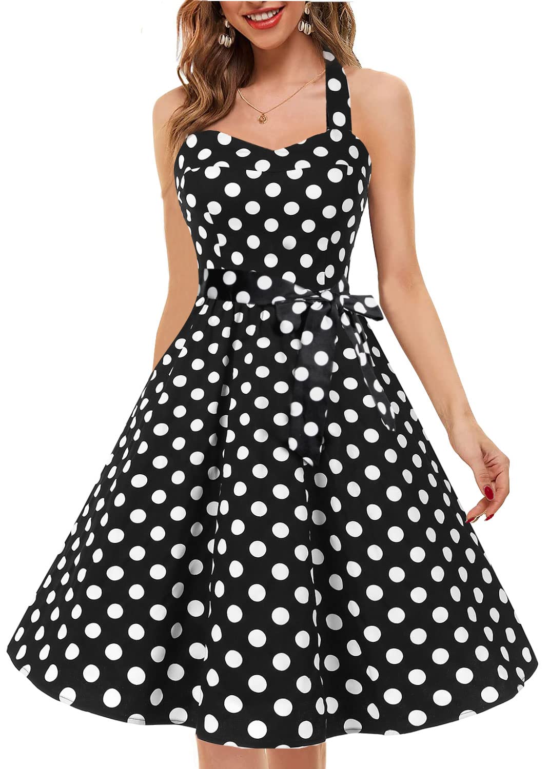 Topdress Women'sVintage Polka Audrey Dress 1950s Halter Retro Cocktail Dress: Small Black Dot
