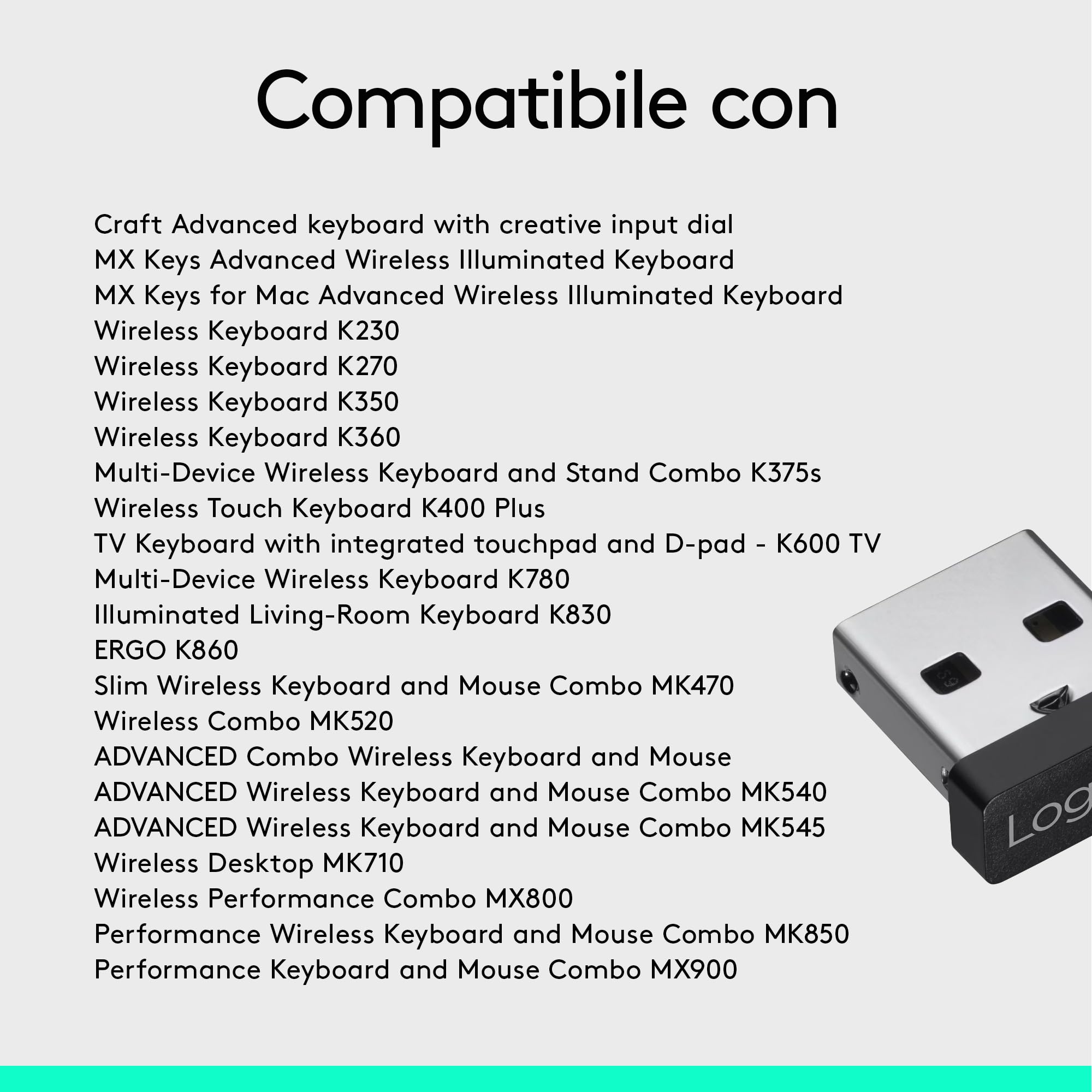 Logitech Ricevitore USB Unifying, tecnologia wireless a 2,4 GHz, connettore USB compatibile con tutti i dispositivi Unifying come mouse e tastiera wireless, PC/Mac - Nero