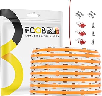 COB Orange LED Strip Light DC12V Flexible High Density Uniform Bright 480LEDs/m Strips 16.4FT CRI90+ 8MM Width Dimmable COB LED Tape for Cabinet Indoor DecorNo Adapter/Controller