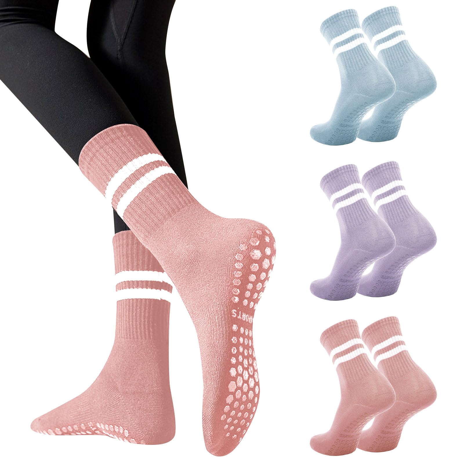 Risipu 3 Pairs Pilates Socks With Grips for Women,Cute Non Slip Crew Grippy Yoga Socks Grippy Sticky for Hospital Dance Barre Workout (UK, Alpha, One Size, Regular, Regular, Blue+Purple+Pink)