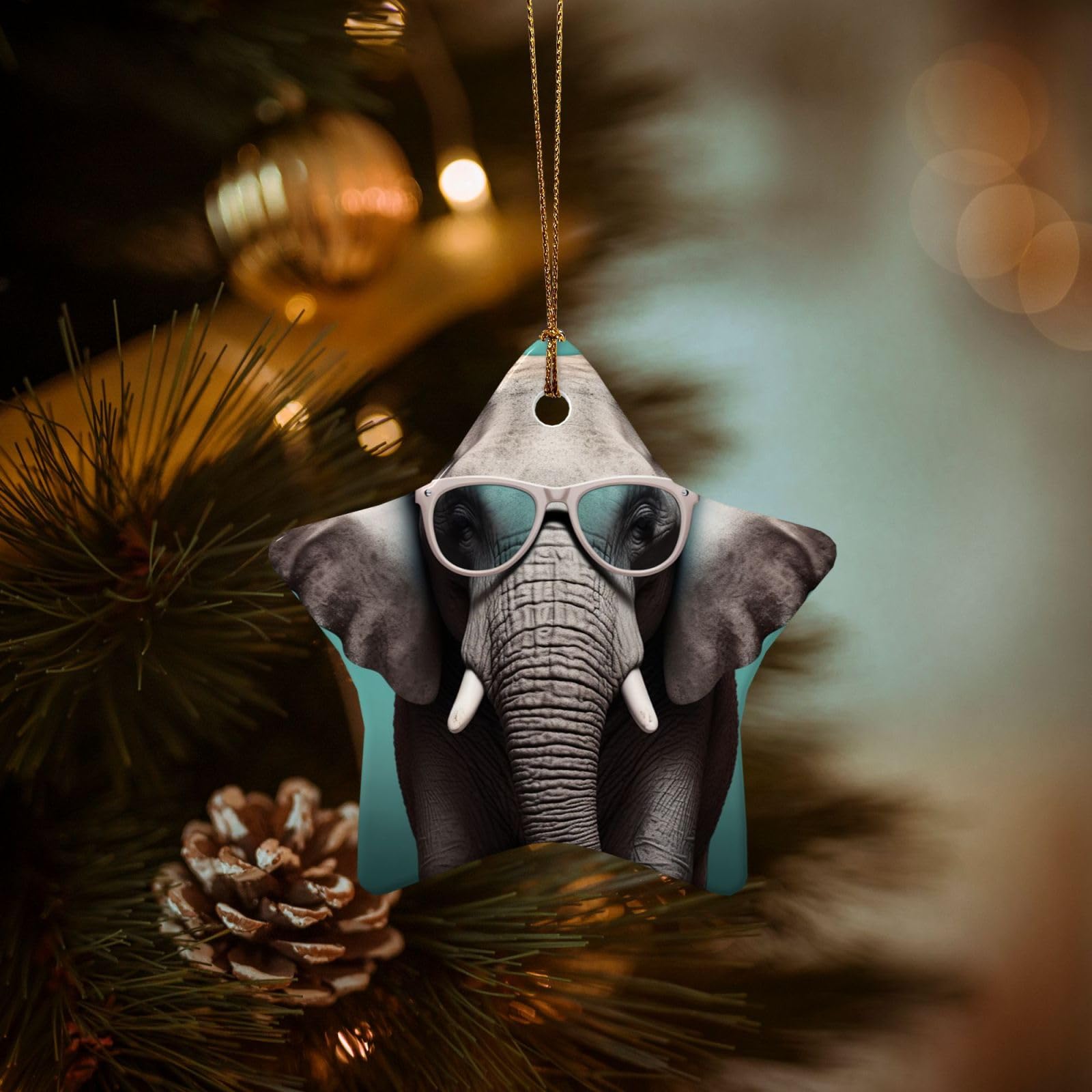 Christmas Tree Ornaments Ceramics Christmas Decorations Elephant with Glasses Ornaments with Gold Ribbon Porcelain Xmas Tree Crafts Star Shape Hanging Pendant for Christmas Tree Party Decor