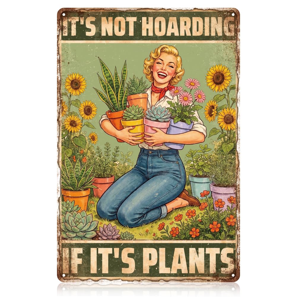 WADORN Garden Pin Up Girl Vintage Metal Tin Sign, 12x8 Inch It’s Not Hoarding If It’s Plants Retro Art Sign Funny Farmhouse Plants Lover Decor Gifts Plaque for Cafe Pubs Garage Bar Shop Wall Poster