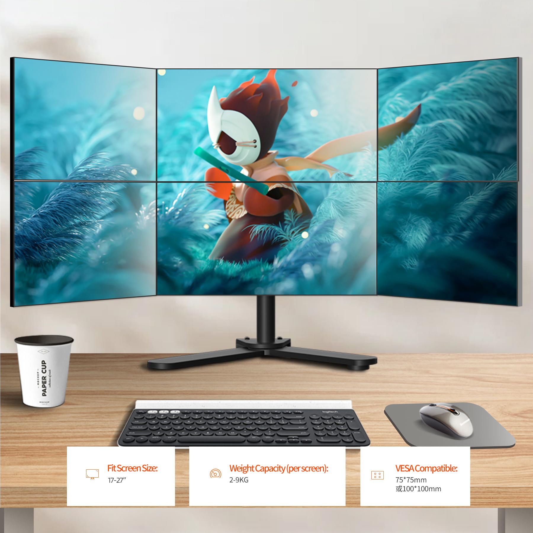 Supporto 6 Monitor de 13 à 27 Pollici Braccio per Monitor Carico massimo di 9 kg per schermo, Rotazione di 360 gradi, Due metodi di installazione X35 6P