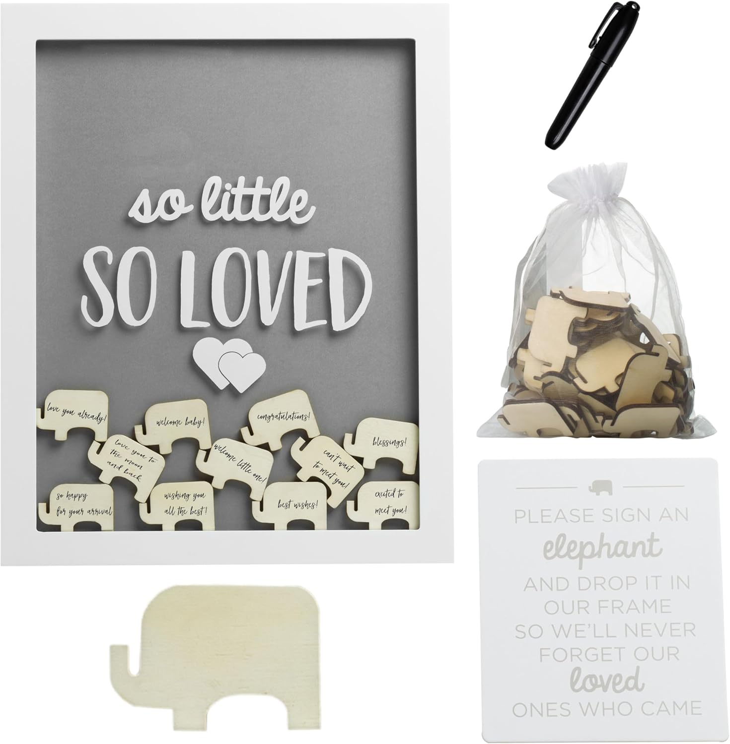 Pearhead So Little So Loved Wooden Elephant Token Frame, Baby Shower Signature Guest Book Alternative with 65 Wooden Tokens, Gender-Neutral Nursery Keepsake Decor, Gray and White