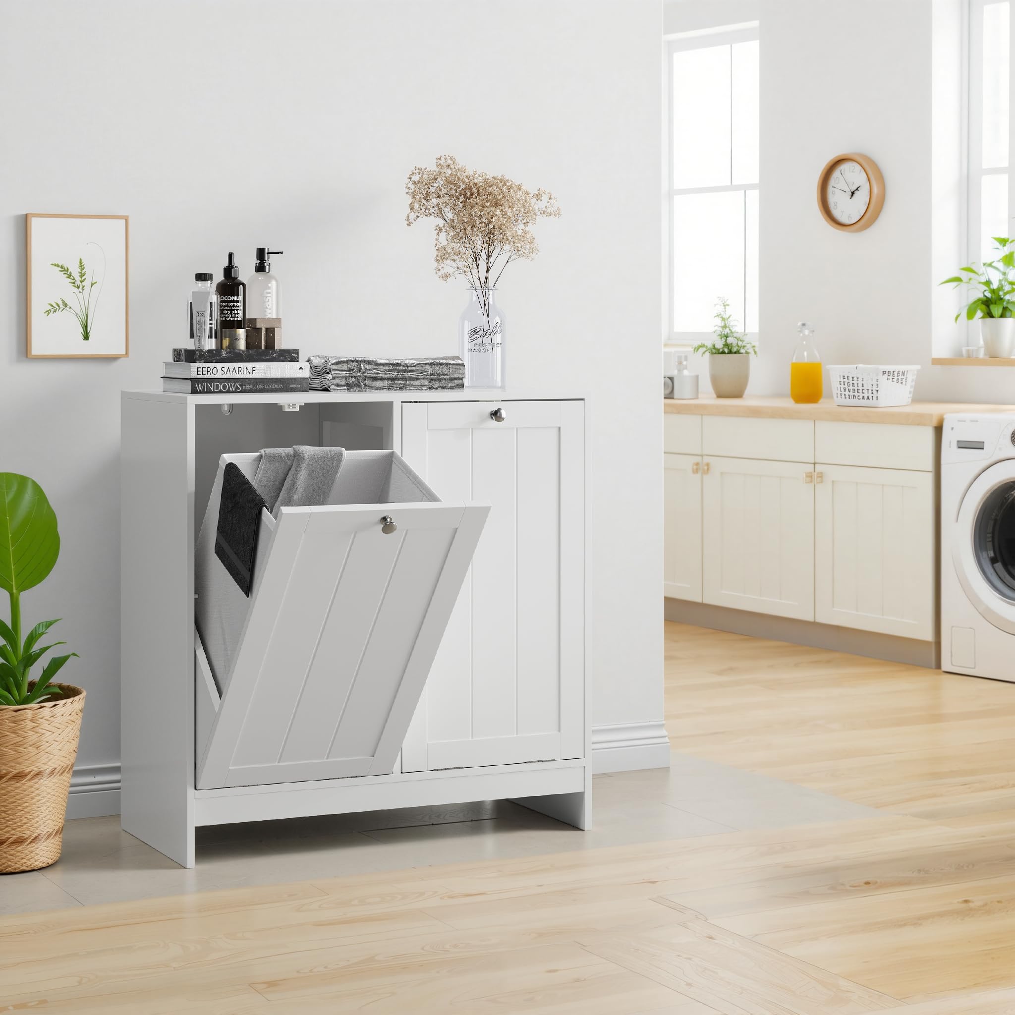 Badezimmerschrank mit Wäschekorb 42x32x76 cm Weiß, kippbar, 2 herausnehmbare Körbe, mit Wäschekippe und Kippschutz, freistehend, für Waschküche und Bad