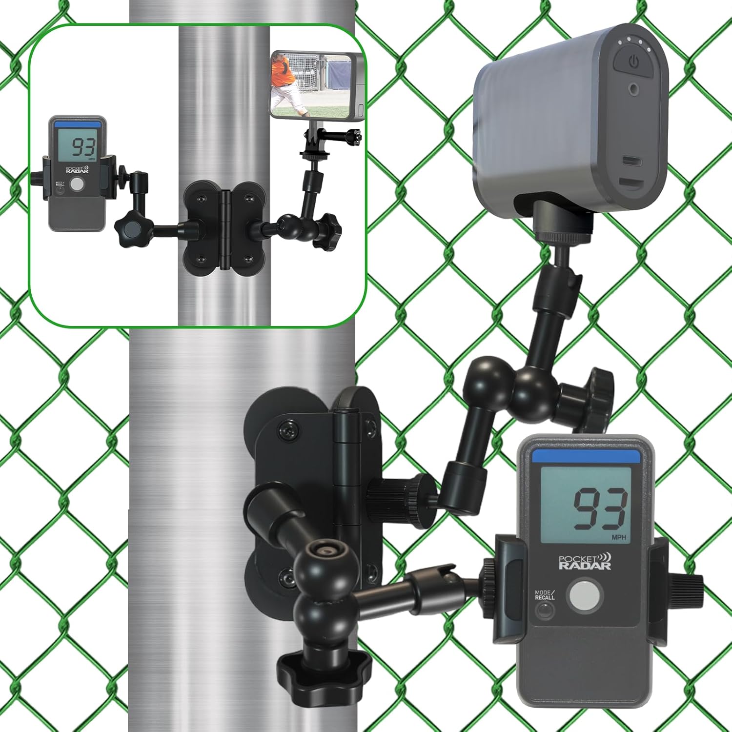 Dual Arm Magnetic Fields Fence Mount for Mevo Start/GoPro / Insta360 / iPhone,Two 1/4" Mount Point Standing Magnetic Holder for Recording Baseball Tennis Games - Game Changer Mounting Kit