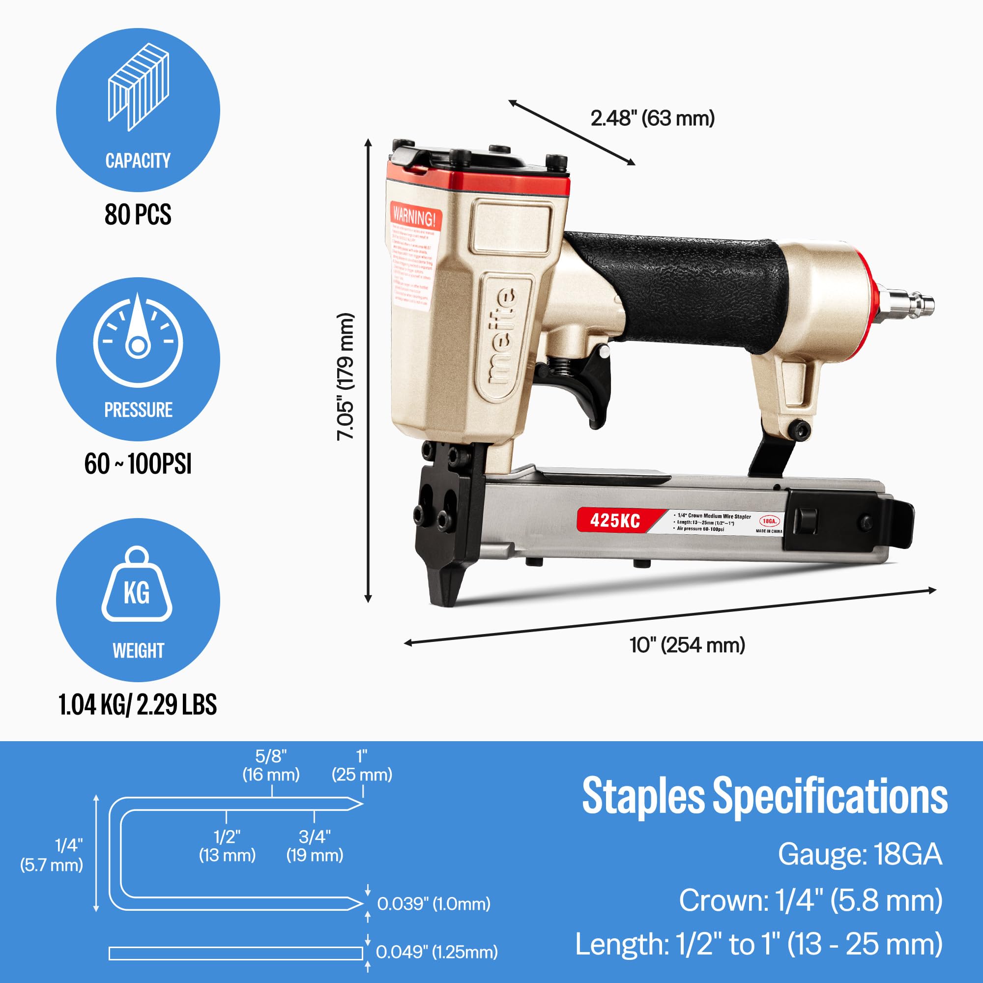 meite Agrafeuse pneumatique de calibre 18, couronne étroite de 6,35 mm, s'adapte aux agrafes de 1,27 cm à 2,5 cm, déclencheur de sécurité, pour bois, meubles, tissu, cuir, bricolage et projets
