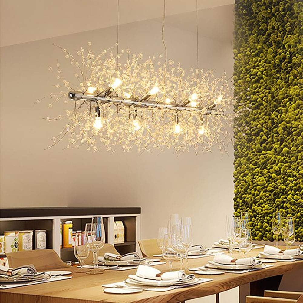 Rectangle Chandelier Firework Led Light Industrial Iron Crystal Pendant Lighting Adjustable Hanging Ceiling Light Fixture for Dining Room Living Room,Silvery White.,12 Lights