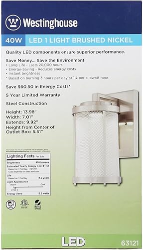 Miniatura 4 de Westinghouse Lighting 6312124 Skyview - Lámpara LED de pared para exteriores, acabado de níquel cepillado con malla y vidrio transparente