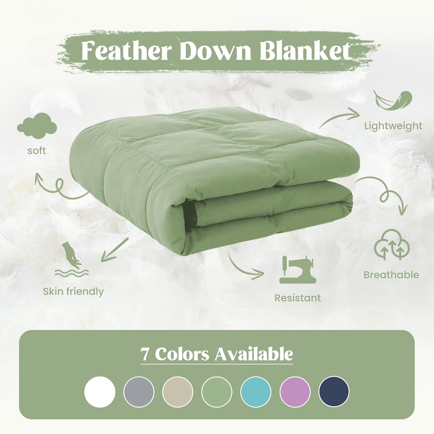 puredown® Soft Feather Down Blanket Lightweight Packable Down & Feather Fill Blanket for Indoor and Outdoor Use, King Size Blankets,88"X108", Sage Green - Image 4