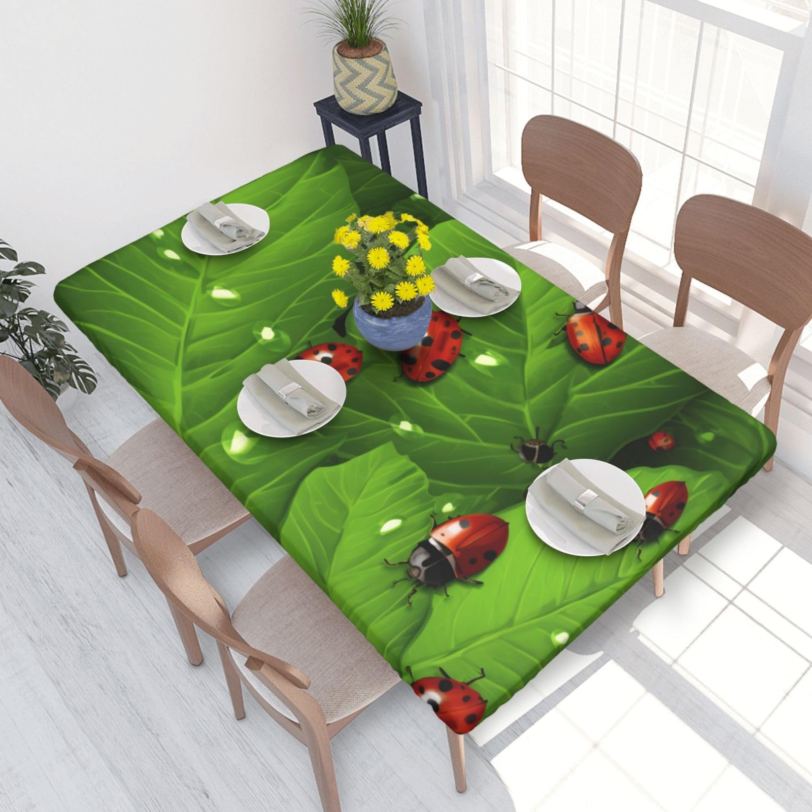 DCARSETCV Leaves and Ladybugs Printed 4FT Waterproof Tablecloth with Elastic Edged Protect & Decor Your Table, Oil-proof Washable Table Cloth Cover for Dinner Picnic Party