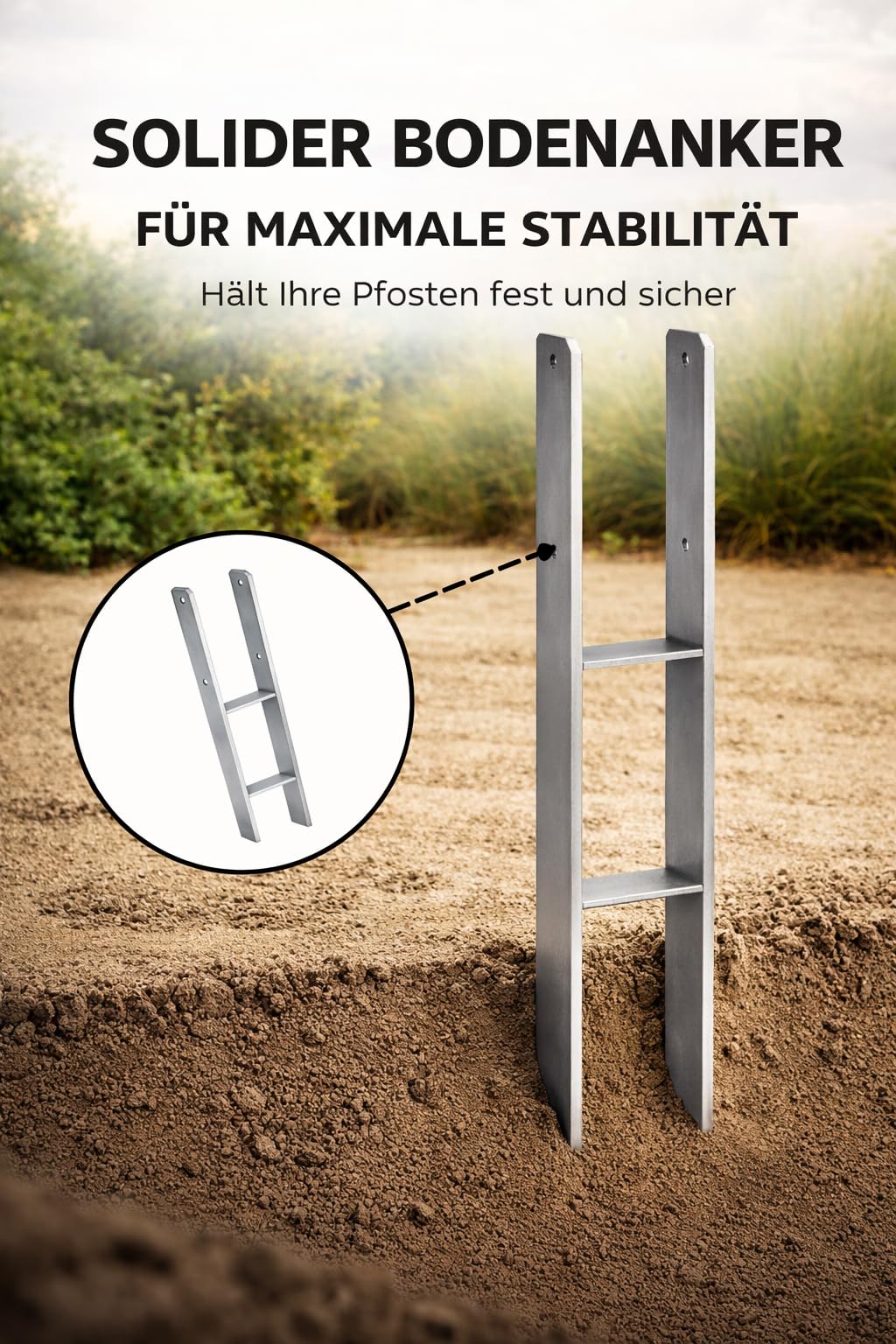 H-Pfostenträger 201 x 600 x 6 mm verstellbar feuerverzinkt 6 Stück – 70–200 mm Breite – zum Einbetonieren – für Zaunpfosten, Carport & Gartenbau