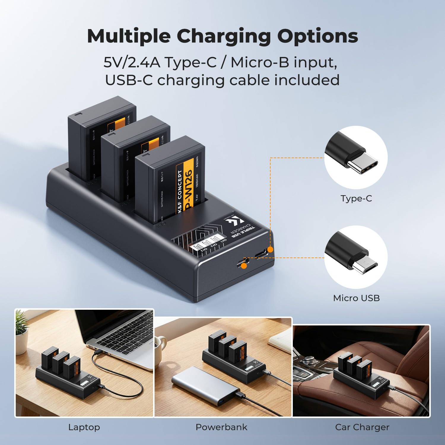K&F CONCEPT 3-Pack Baterías NP-W126/NP-W126S y Cargador 3 Ranuras, 1300mAh Totalmente Decodificado Compatible con Fujifilm XM5/X100VI/X100V/XS10/XT30 II, LCD y Entradas Micro USB/Type-C
