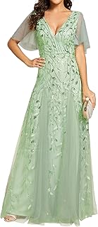 Women's Sequin Sparkly V-Neck Short Sleeve A-Line Floor Length Formal Evening Dress
