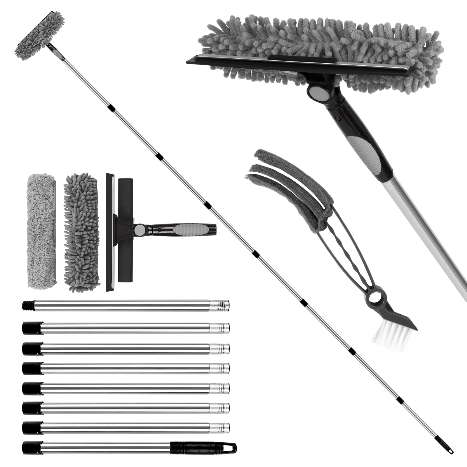 10.5Ft(3.2m）Window Cleaning Equipment, Window Squeegee Cleaner Kit with Extension Pole, Venetian Blind Brush and 3Pcs Microfiber Scrubber Washing Kit for Home, Shower Glass, Car, RV Grey