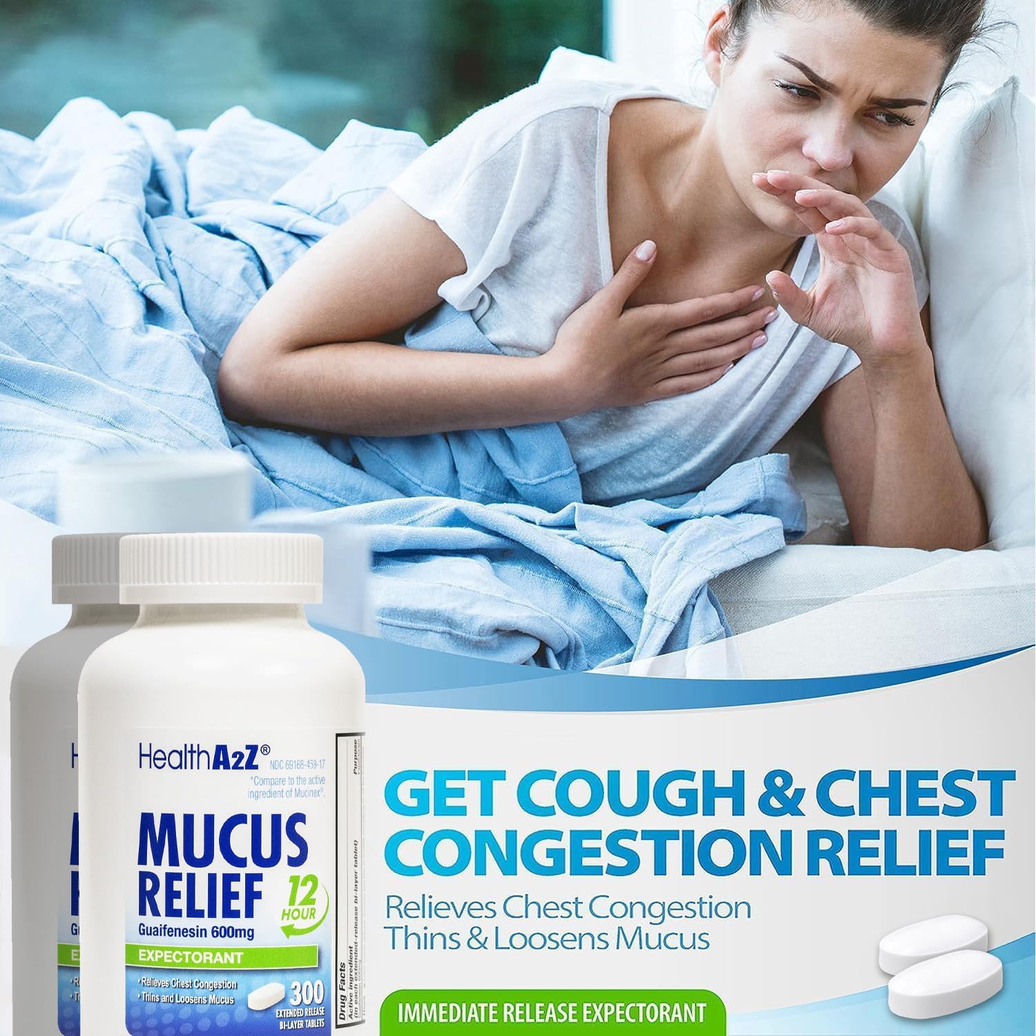 HealthA2Z® Mucus Relief, Guaifenesin 600 mg, 12 Hour Relief, Dye Free, No Benzene Expectorant, Relieves Chest Congestion, Thins and Loosens Mucus, Extended Release (300 Counts)