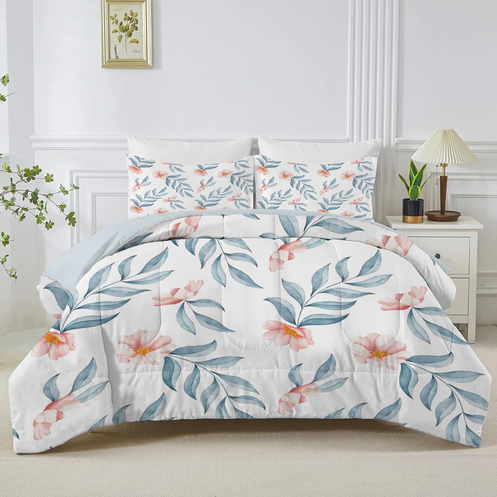 Linfye White Floral Super King Duvet, Reversible Coverless Plant Leaves Duvet Super King Size, Anti Allergy Bed Quilt 7.5 Tog for All Seasons - 1 Soft Comforter Bedding with 2 Pillowcases - B28