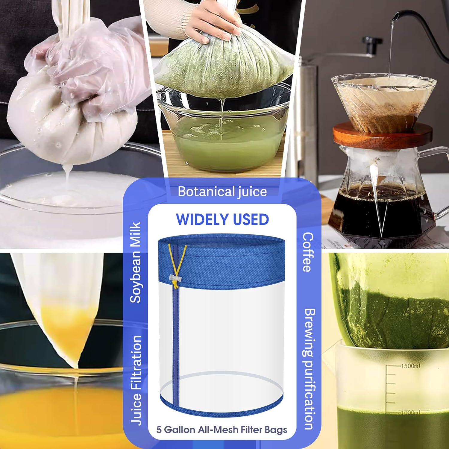 5-Gallon All-Mesh Strainer Bags - 5-Pack Kit with Multi-Purpose Filter Sizes with 1 Premium Pressing Screen - Reusable Nylon Mesh Bags for Hydroponic Vegetables, Herbal Tea, and Ice Filtration