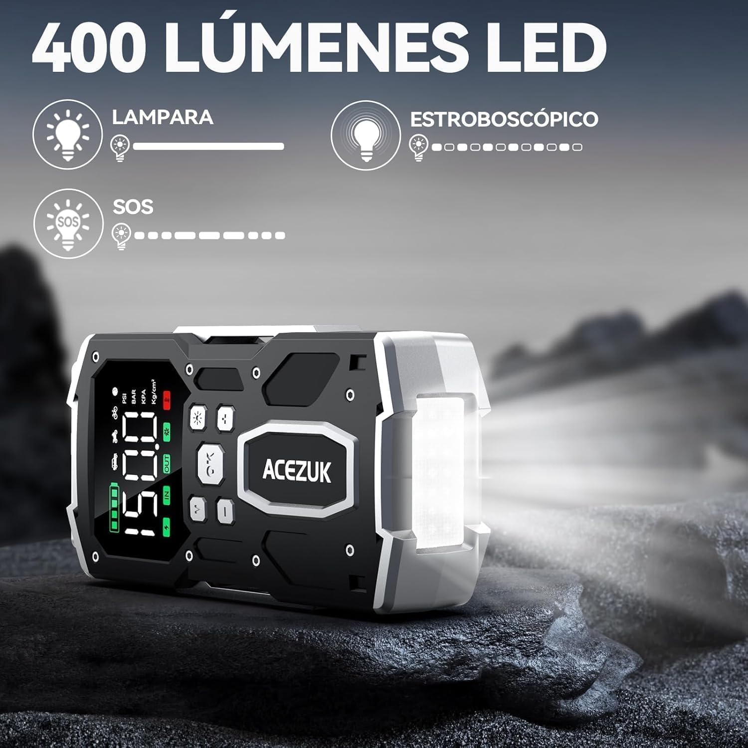 ACEZUK Arrancador de Batería de Coche 8000A, Compresor de Aire 150PSI, Arrancador de Coches para Vehículo(Toda Gasolina o 10L Diésel), 12V Jump Starter con 400-Lumen LED