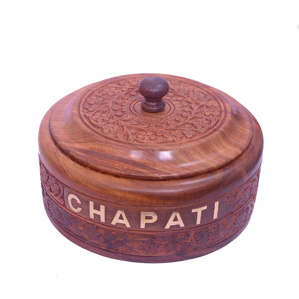 Garden Of Arts Wooden handmade Carving 7 * 7 Inches Chapati Box Round shape with inner of Stainless Steel