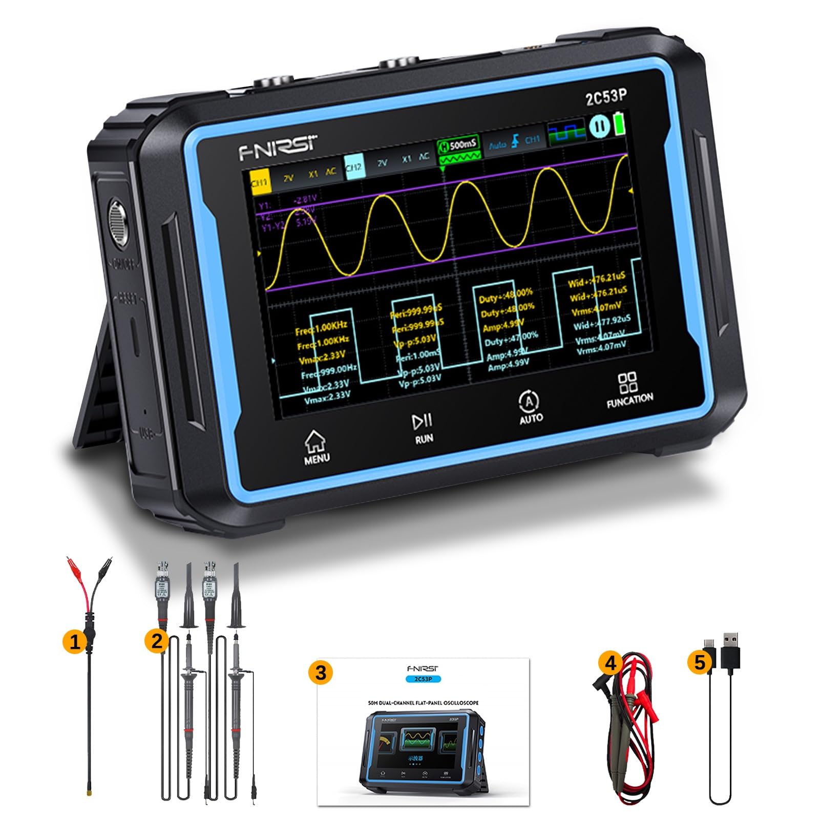 Jadeshay Handheld Oscilloscope, 2C53P 50MHz 3 in 1 Handheld Digital Oscilloscope Multimeter