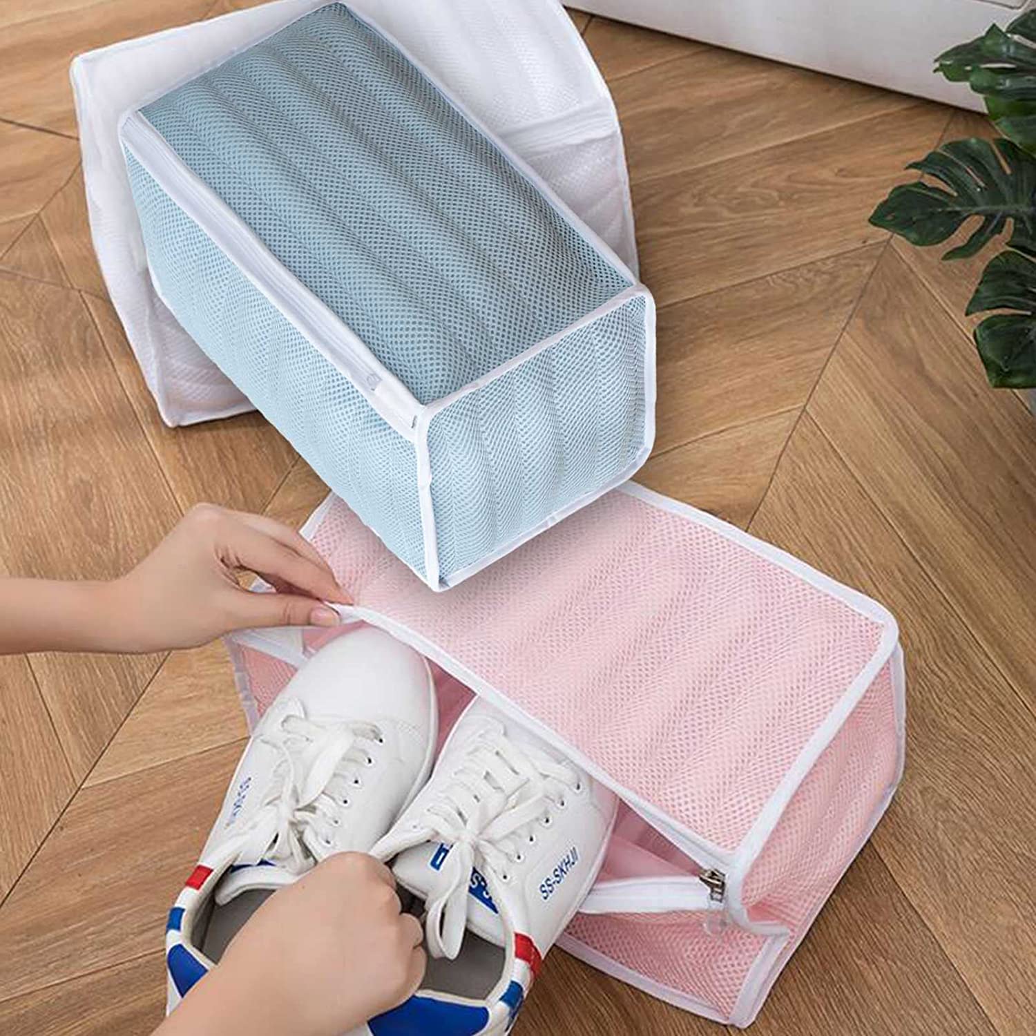 2 sacchetti per scarpe, borsa per la biancheria, per lavatrice, riutilizzabile, con chiusura lampo, multi protezione, per scarpe da ginnastica (bianco