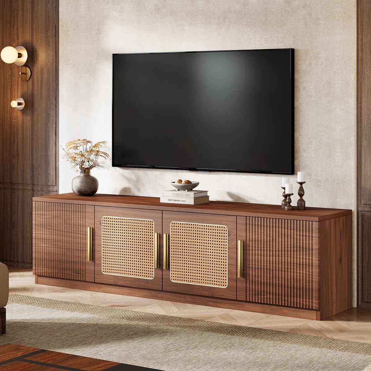 Mid-Century Modern TV Stand with Cane Webbing Door Panels, Walnut Finish, Solid Sheesham Wood Entertainment Unit (H-Hony)-image-15