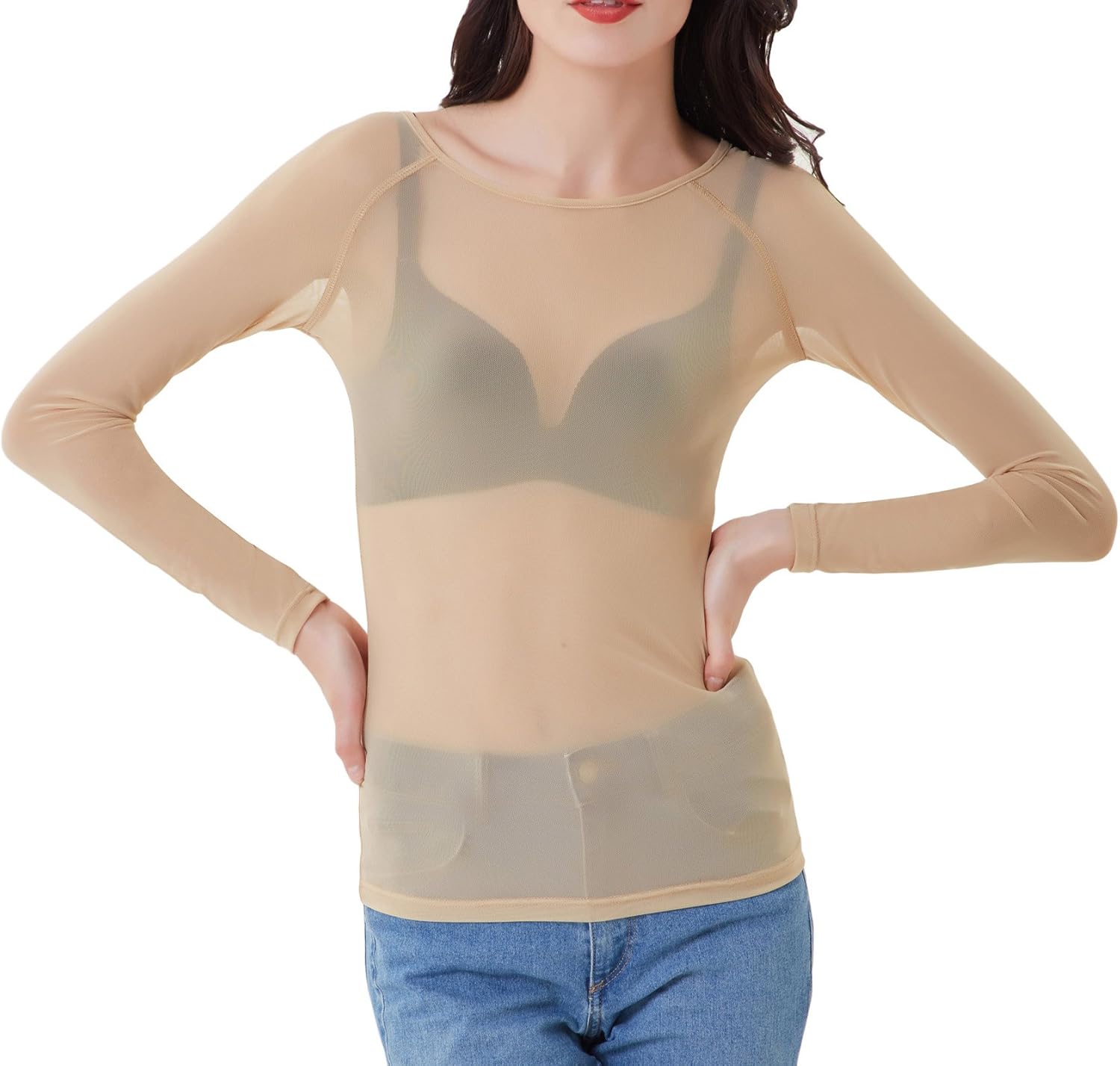 Women's Basic Long Sleeves Mesh Sheer Tops Nude X-Large