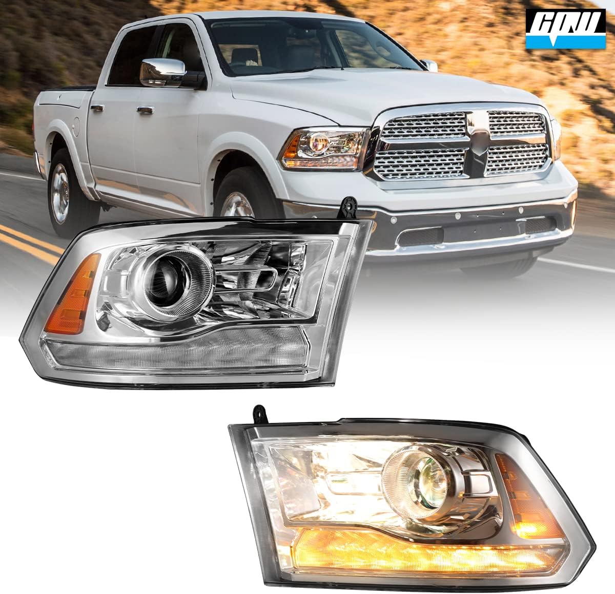 CPW Headlights Fit For 2013-2018 Dodge Ram 1500 2500 3500 w/Factory Led Position Light, Projector Head Lamps Assembly For 2019-2024 Ram 1500 Classic w/Led Position/Turn Signal (Chrome/Clear)