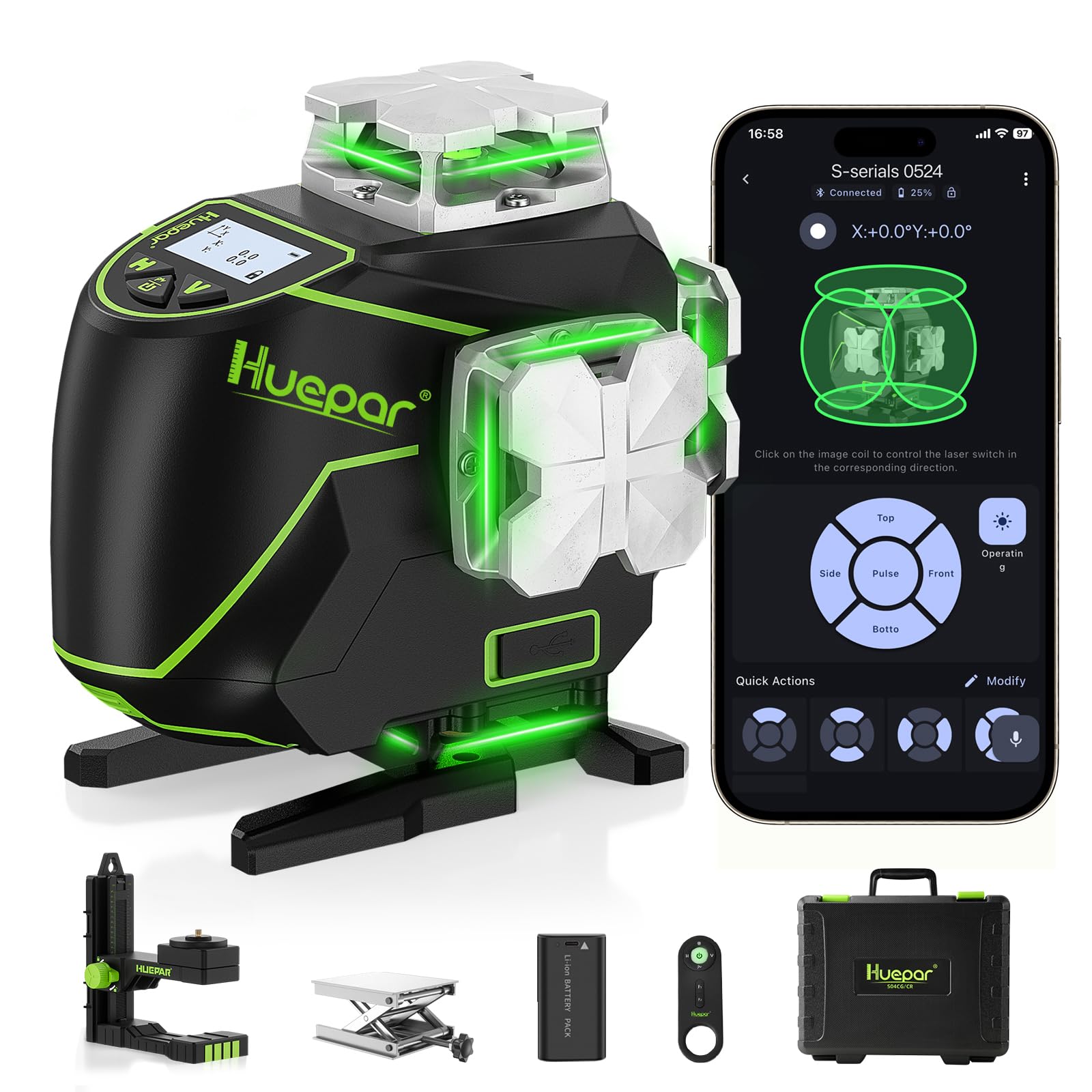 Huepar Laser Level 360 Self Leveling, S04CG 4x360° Green 4D Cross Line Laser with LCD Screen, Bluetooth Outdoor Pulse Mode, Remote Control, Rechargeable 16 Lines Laser Tool for Construction/Tile/Floor