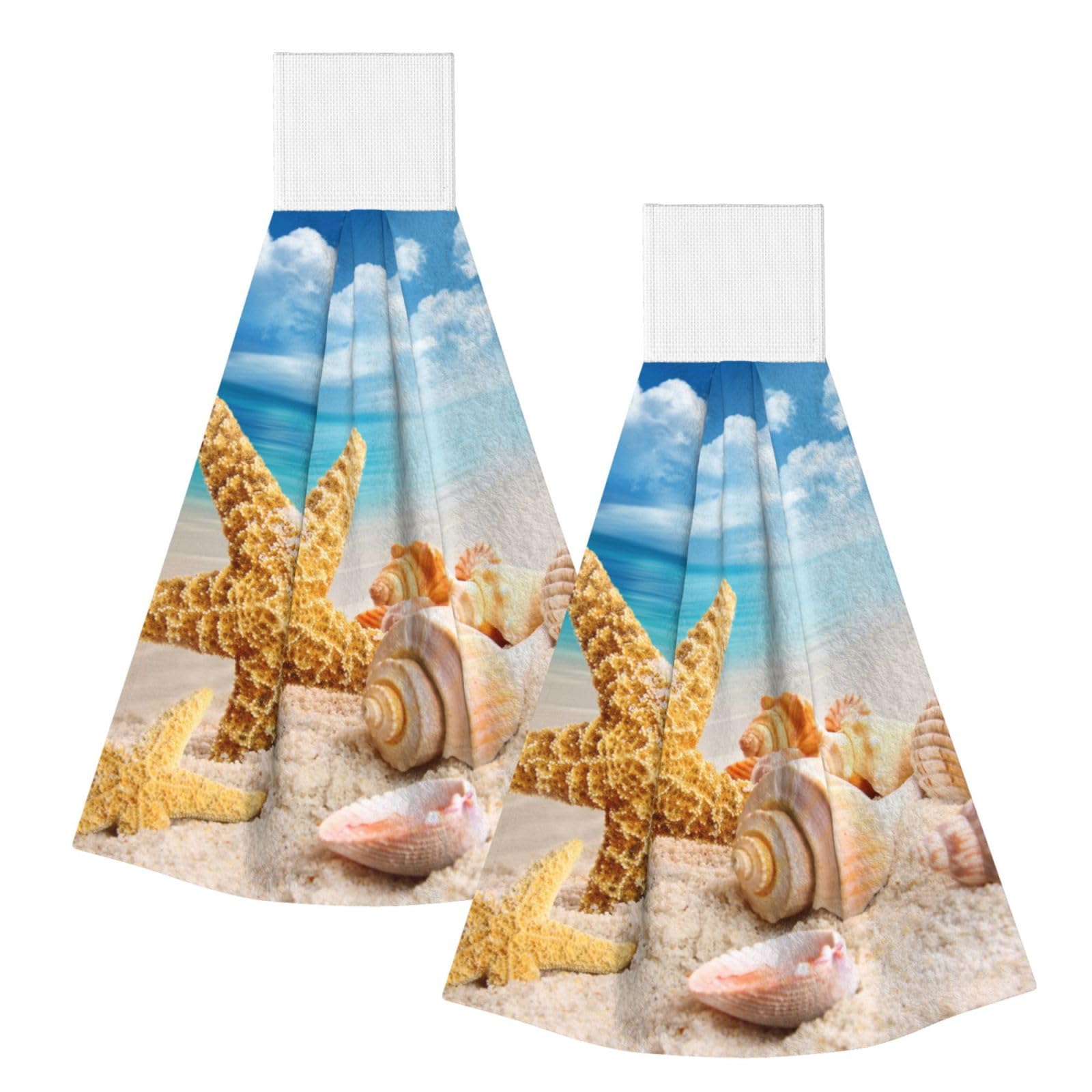 DOPKLNA Starfish And Seashells On Beach, 2 Pcs Hanging Coral Fiber Hand Towels for Bathroom, Absorbent Kitchen Towels