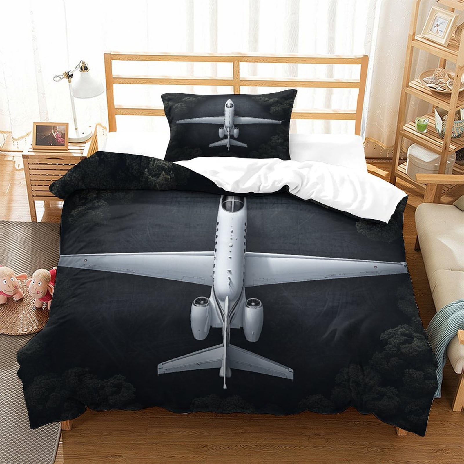 P1S9U7W5Y 3D Printed Airplane Pattern Duvet Cover Set 3pcs Microfiber Aircraft Bedding Set Single（135x200cm）