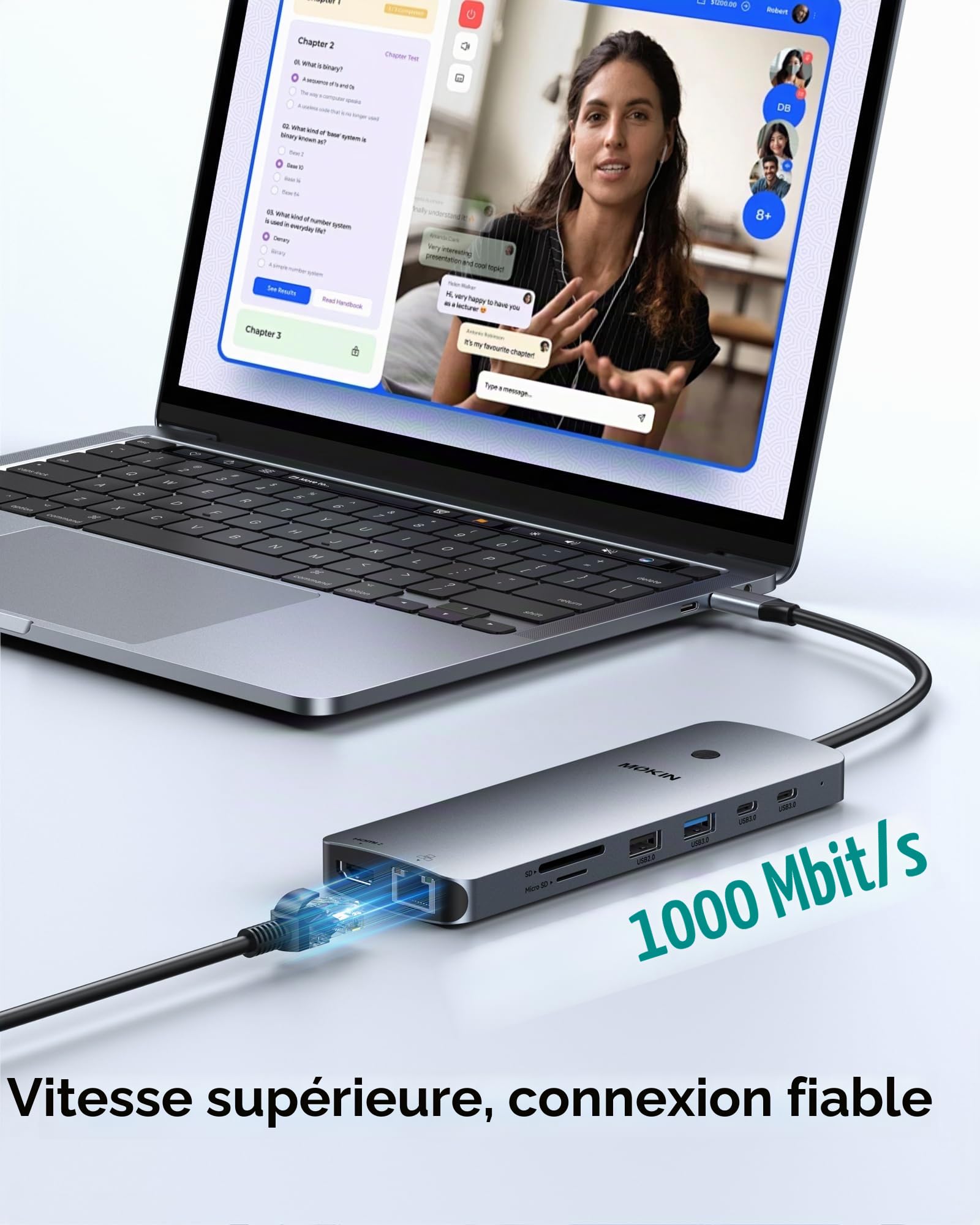 MOKiN Docking Station d'accueil USB C 3 Écran, HUB USB C 2HDMI 2DP | Dock Triple Moniteurs Dual HDMI et DisplayPort 4K@60Hz, 100W PD, USB-A/C 3.0, SD/microSD pour Ordinateurs Windows Mac