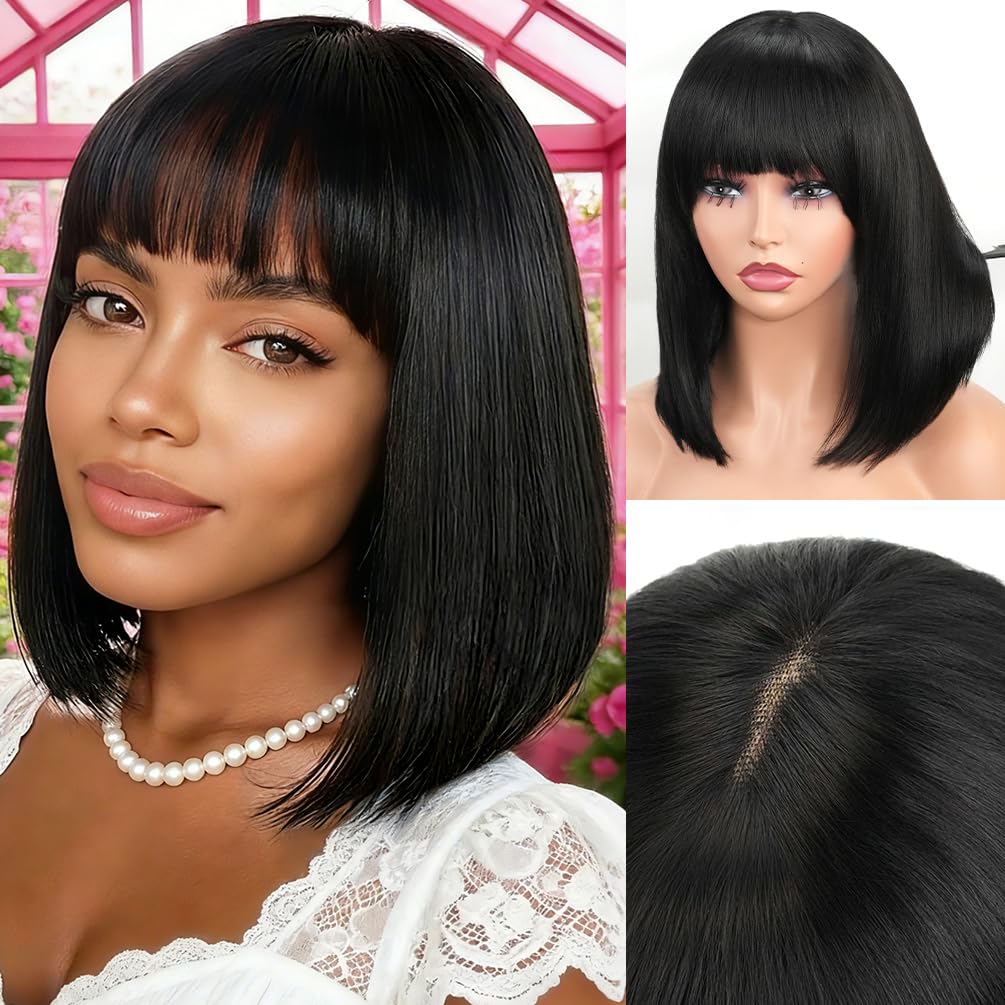 Bob Wig with Bangs Human Hair 210 Density Short Glueless Wigs Ready to Go Straight Bob Bangs Wig for Women Natural Black 12 Inches