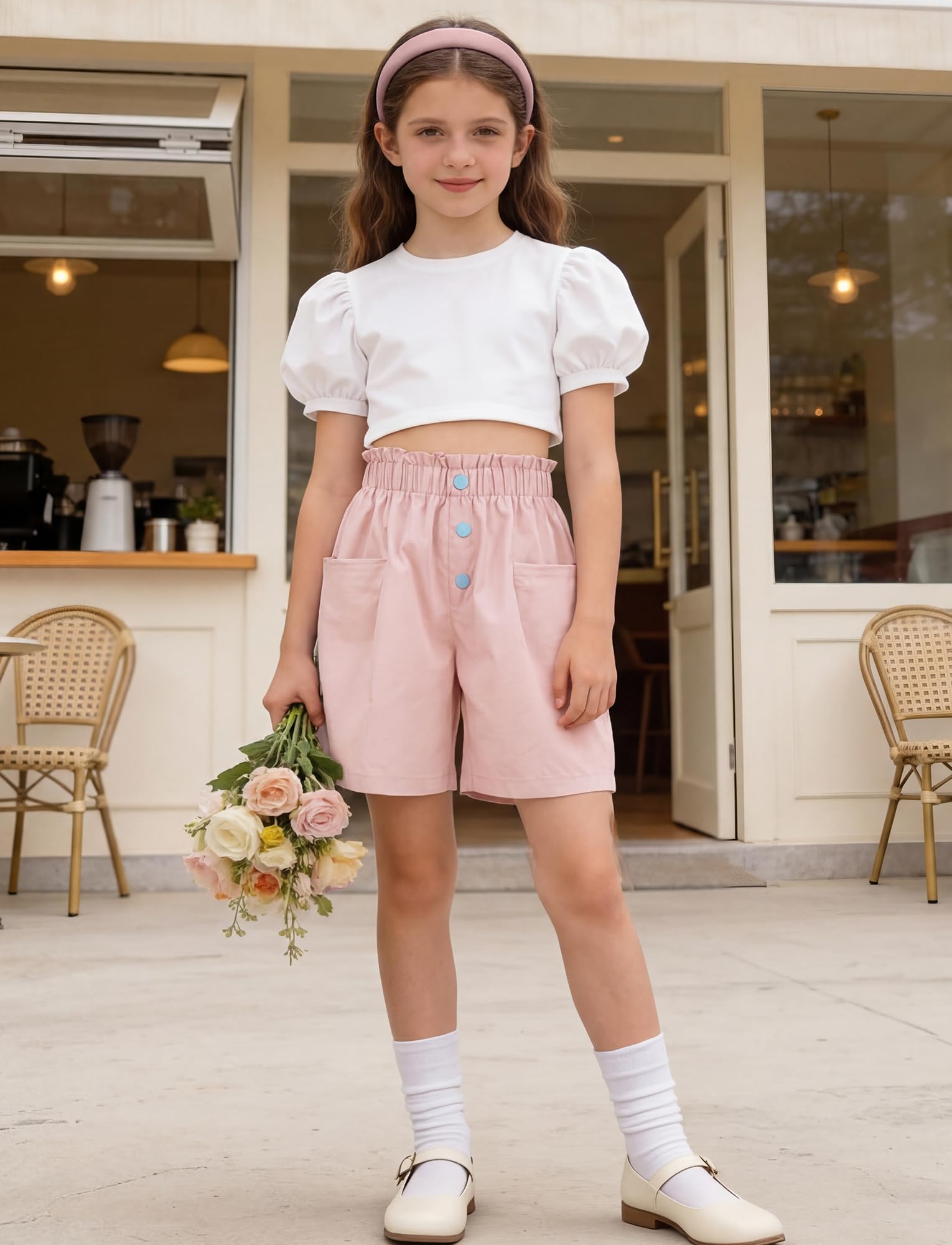 Short d'été Fille Pantalon Court Décontracté Jambes Larges Shorts Taille Élastique Léger Short à Volants Respirant 4-16 Ans