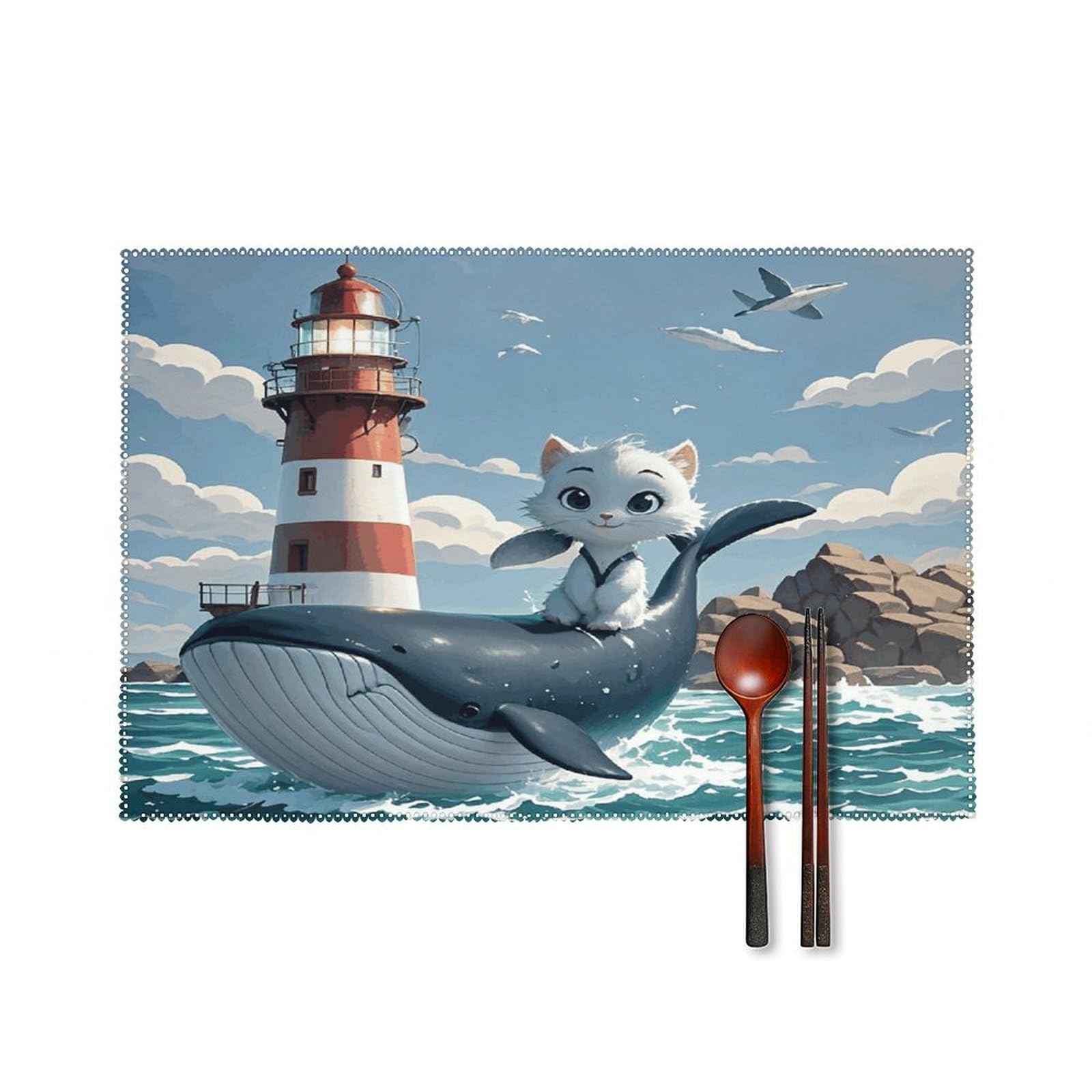 Catoon Whale Lighthouse Placemats Set of 4 Heat Resistant Non-Slip Place Mats for Dining Table Washable Placemat Wipeable Dining Table Mat Canvas Place Mats Dining Table Decor