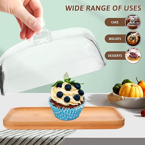 Miniatura 7 de Hemoton Plato de vidrio transparente para tartas con base de madera y cubierta de cúpula 6.69 x 4.52 x 3.50 pulgadas, bandeja de postre