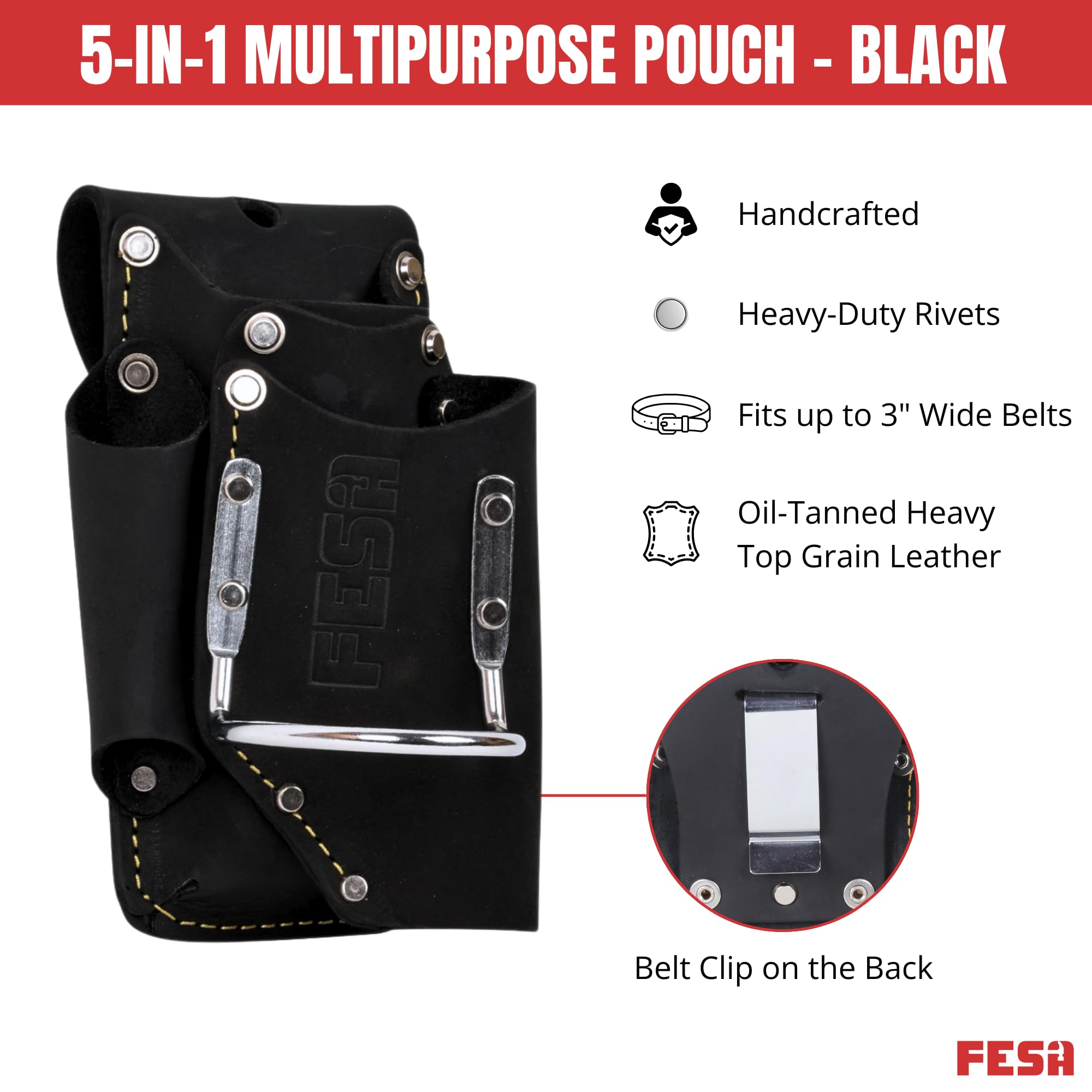 FESA Small Leather Tool Pouch 5-in-1 Heavy Top Grain Leather with Steel Hammer Loop 4 Pockets Reinforced Rivets Fits Belts up to 3'' Handcrafted