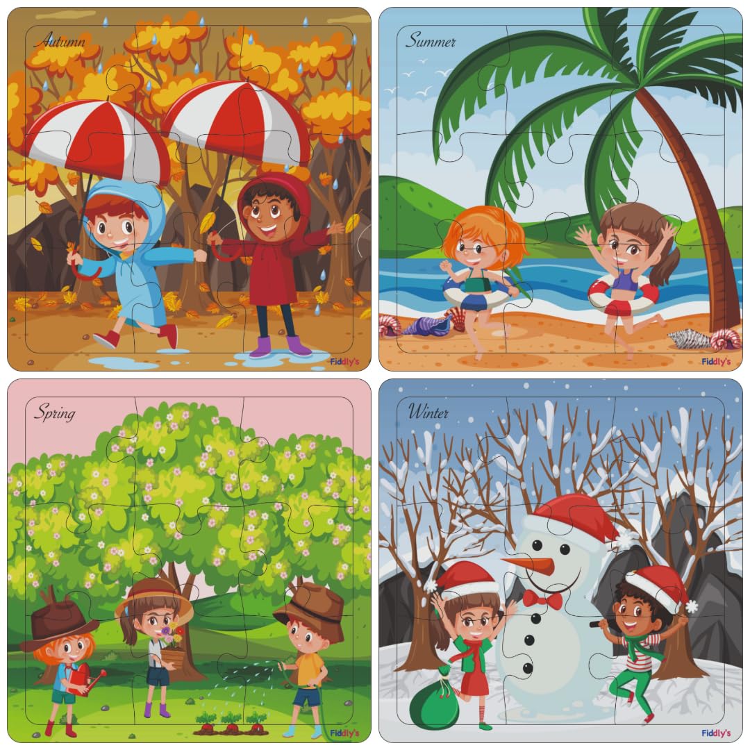 Fiddlys Wooden Jigsaw Puzzles for Kids & Children – 9 Pieces Each, Pack of 4 | Double Layered Puzzles with Bright Front & Back Print | Educational Toy for Boys & Girls Age 3+ (Seasons Pack of 4)