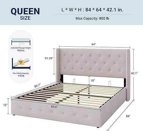 Miniatura 2 de Allewie Cama de almacenamiento elevable tamaño Queen, cabecero capitonado con botones con respaldo de ala, soporte hidráulico, no necesita somier
